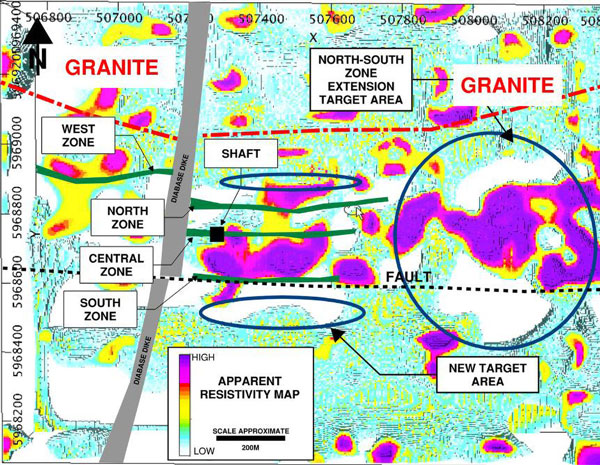 Apparent resistivity map showing target areas in relation to Lingman gold zones.