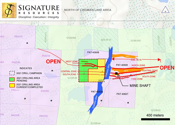 Property Map showing the 2021 drill campaign relative to the zones west of the dike