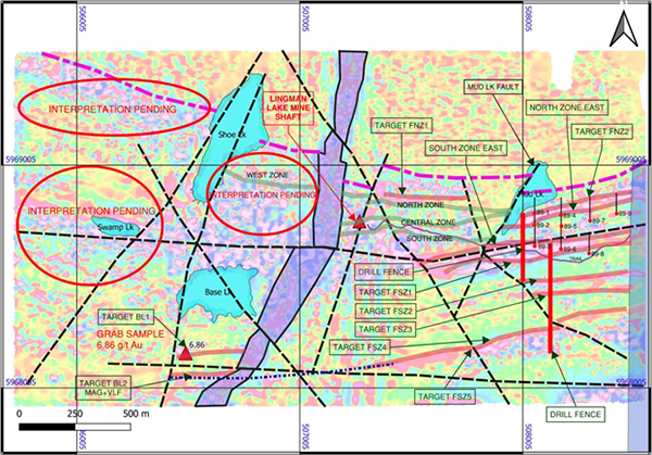 Figure 1. Compilation map. First vertical derivative of anomalous total filed showing magnetic linear targets.